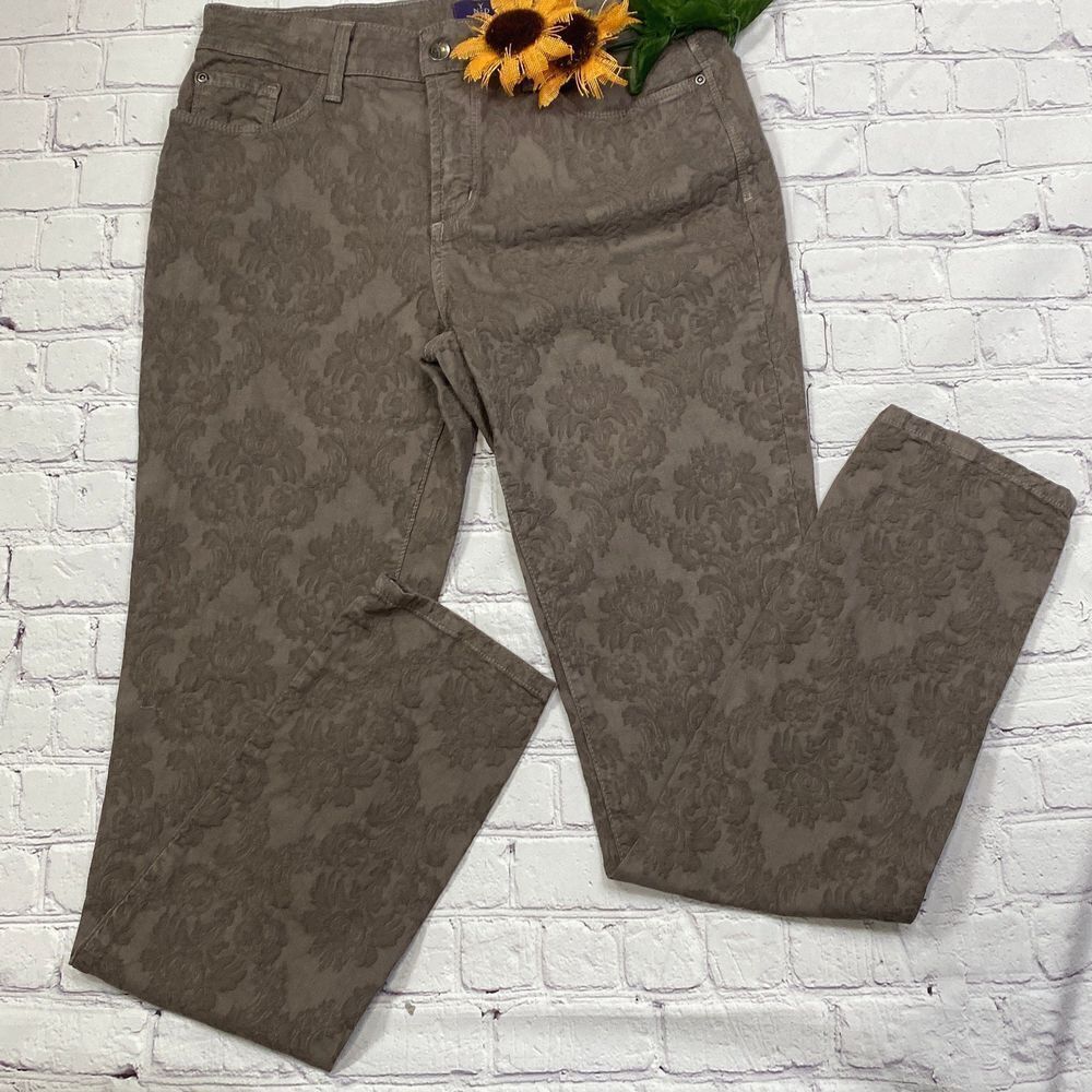 NYDJ Leggings Slim Fit Jacquard Textured Floral Print Light Pants Brown 8 Long
